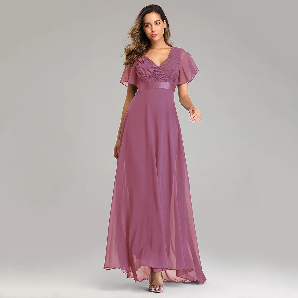 Maxy Evening Dresses XUCTHHC Elegant V-Neck Ruffles Chiffon Formal Evening Gown Robe Dress for Wedding Party