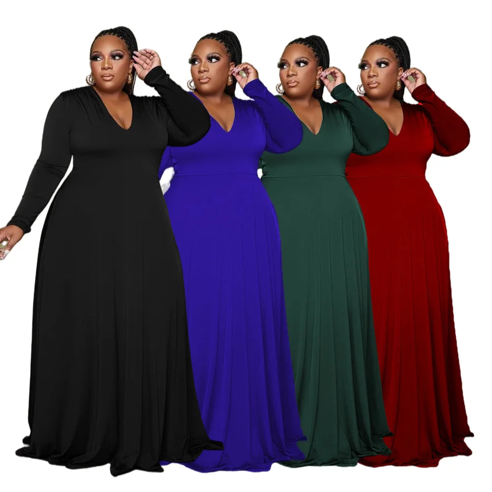 Maxy Plus Size Party Dresses Women Clothing 2024 V Neck Long Sleeve Solid Loose Elegant Maxy Dresses