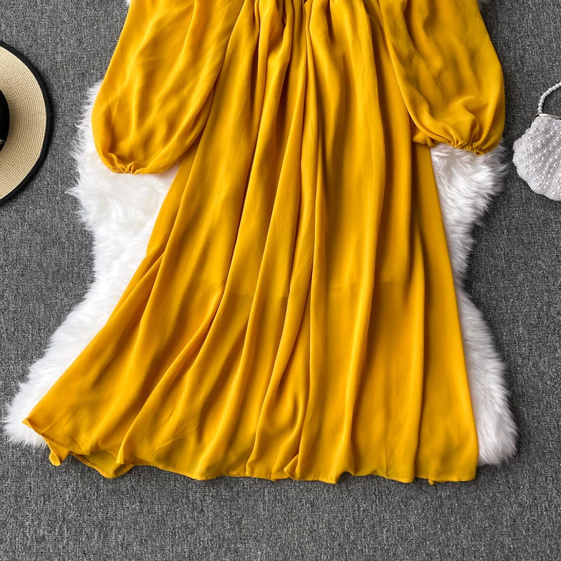 Babs Women Slash Neck Long Sleeve Midi Dress Female Yellow/Red/Pink High Waist Ruffle Big Swing Chiffon Robe Fashion New