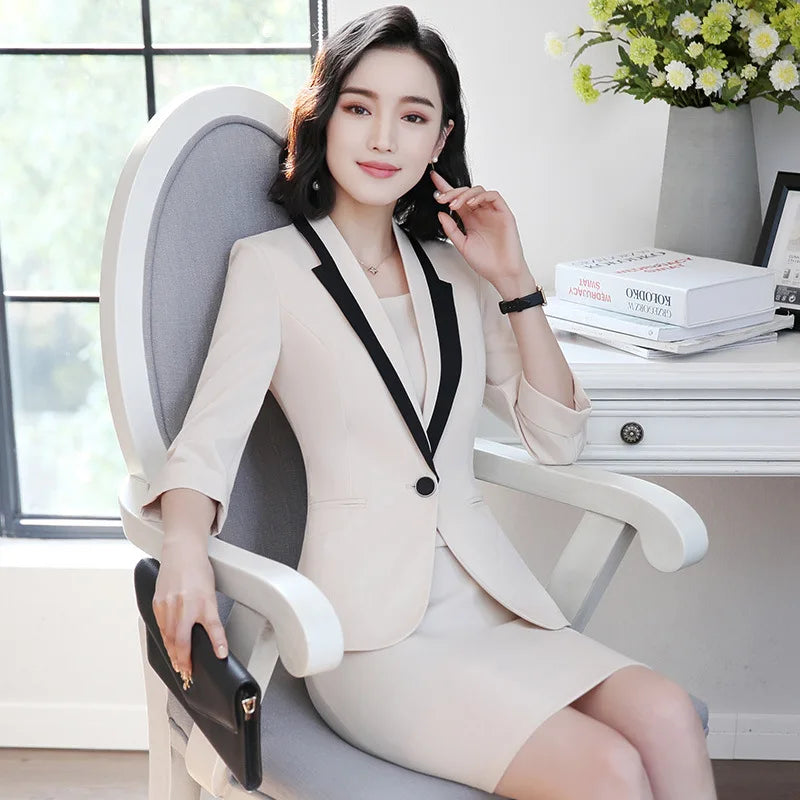 Babs Hot Sale Korean Slim Fit Half Sleeve Blazer Coat Sleeveless Dress 2 Pieces Set Business Office Lady Suits Plus Size S-4XL