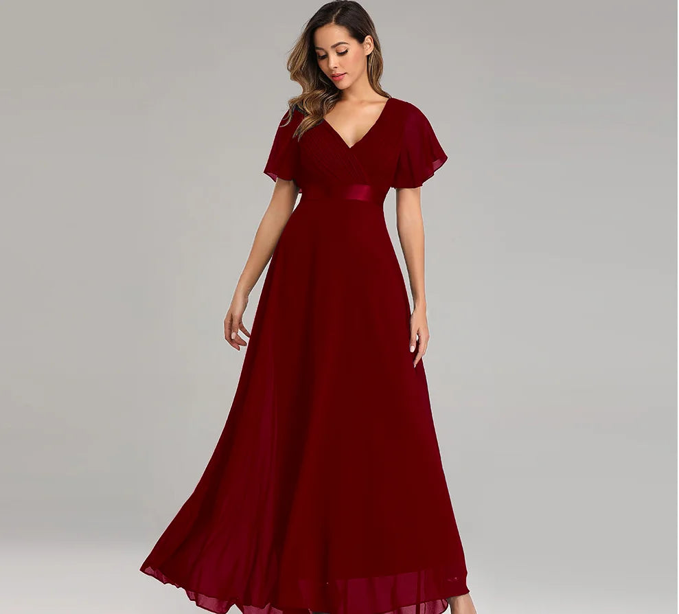 Maxy Evening Dresses XUCTHHC Elegant V-Neck Ruffles Chiffon Formal Evening Gown Robe Dress for Wedding Party