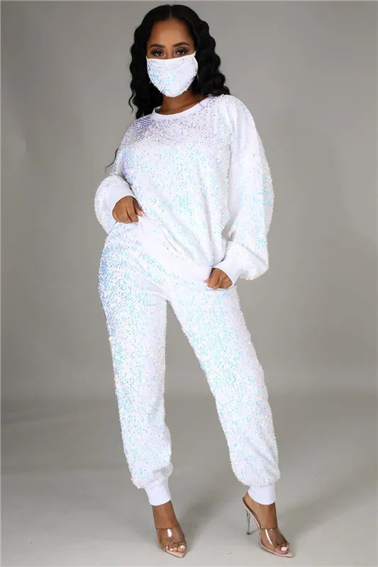 Maxy Winter Plus Size S-5XL Clothing For Women Two Piece Set Sequins Birthday Outfit Joggers Tracksuit