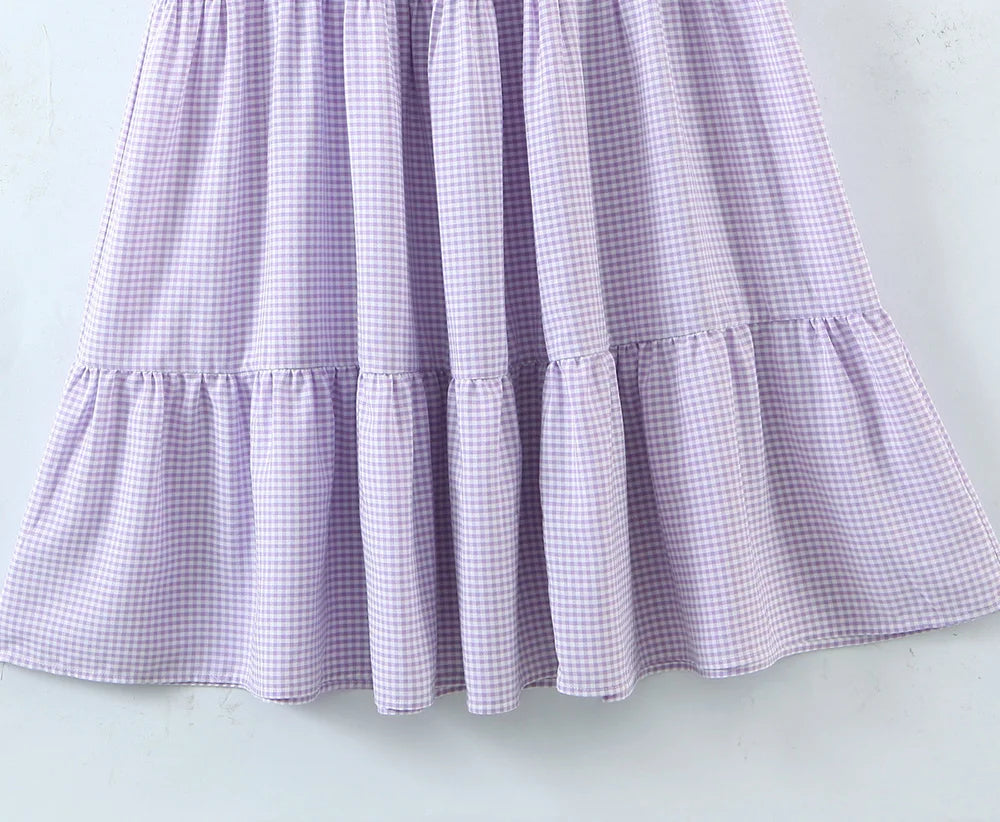 Summer Dresses For Women Short Sleeve Tie Tiered Vacation Beach Midi Dress Frill Square Neck Smocked Casual Cotton Gingham Dress