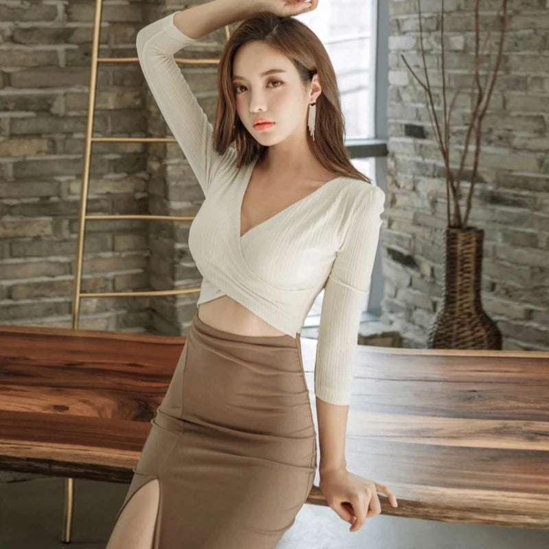 Babs Fashion women comfortable elegant slim patchwork formal dress new arrival hollow out work style sexy long v-neck pencil dress