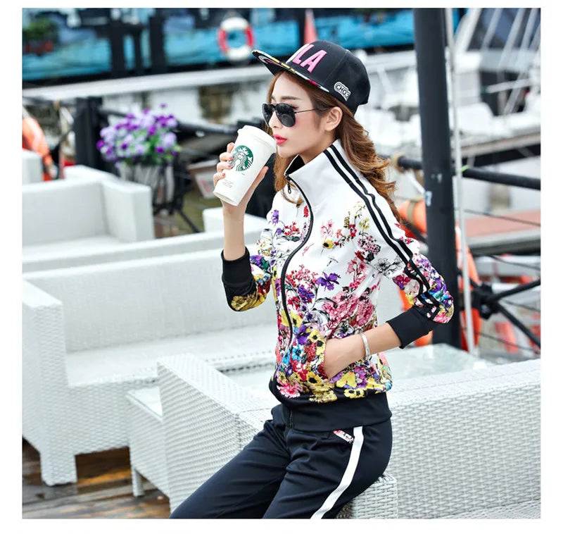 Maxy Women's Casual Sports Suits Spring Fall Print PacketLight Pants Two Sets Lady Sportswear Suit Tracksuits Set 2PCS 6XL W03