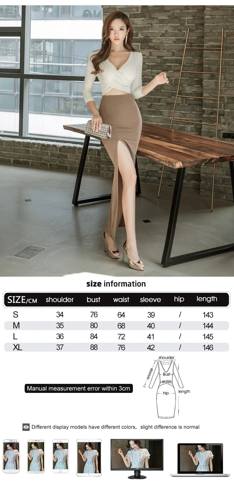 Babs Fashion women comfortable elegant slim patchwork formal dress new arrival hollow out work style sexy long v-neck pencil dress