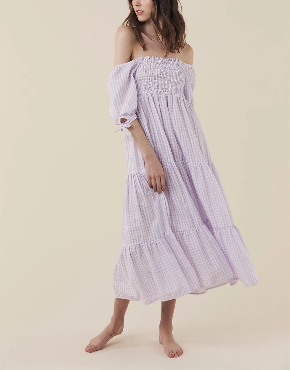 Summer Dresses For Women Short Sleeve Tie Tiered Vacation Beach Midi Dress Frill Square Neck Smocked Casual Cotton Gingham Dress