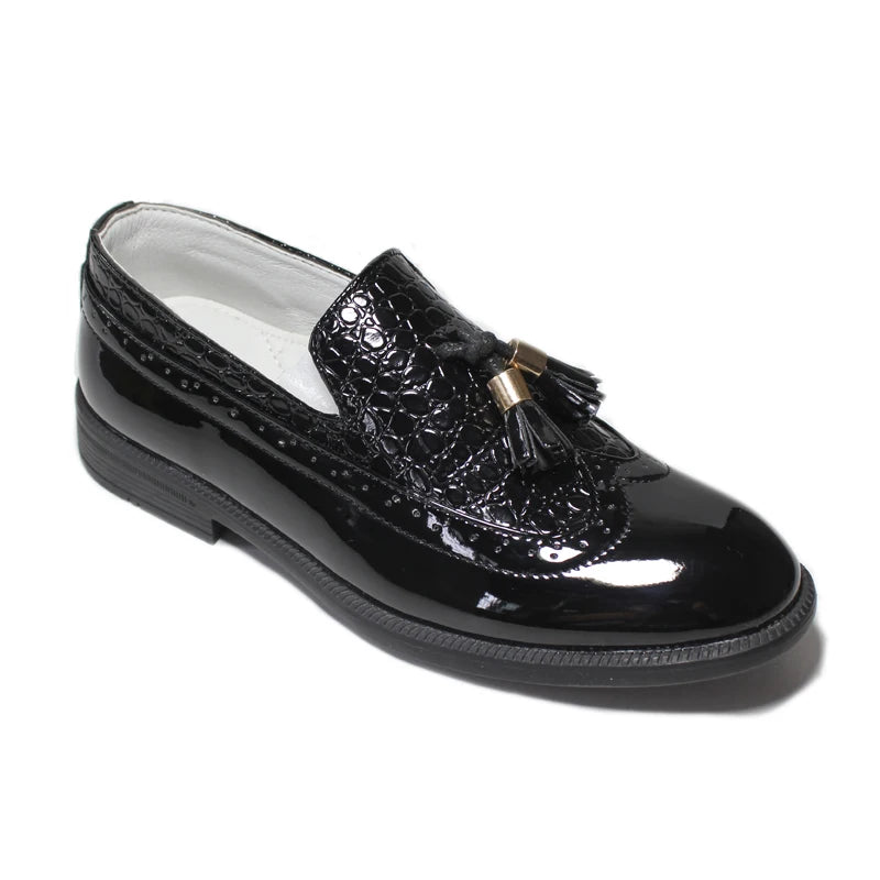 Visco Boys Leather Shoes Kids Formal Shoes for Party Wedding Dress Black Patent Leather Slip on Round Toes Tassel Performance Oxfords
