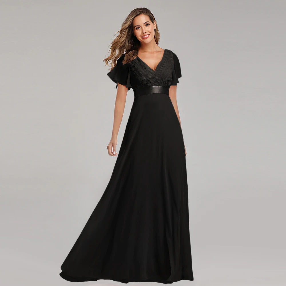 Maxy Evening Dresses XUCTHHC Elegant V-Neck Ruffles Chiffon Formal Evening Gown Robe Dress for Wedding Party