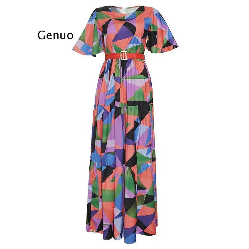 Maxy 2024 Spring Summer Women's Dress American Print Long Dresses Elegant Short Sleeve Chiffon Robe Party Gowns Lady Outfits