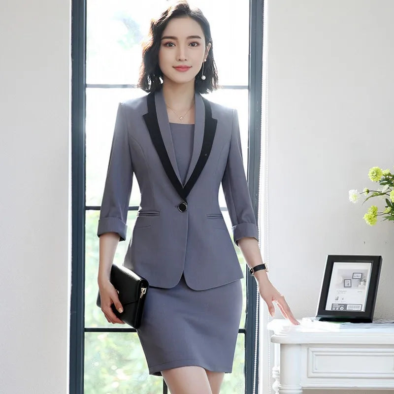 Babs Hot Sale Korean Slim Fit Half Sleeve Blazer Coat Sleeveless Dress 2 Pieces Set Business Office Lady Suits Plus Size S-4XL