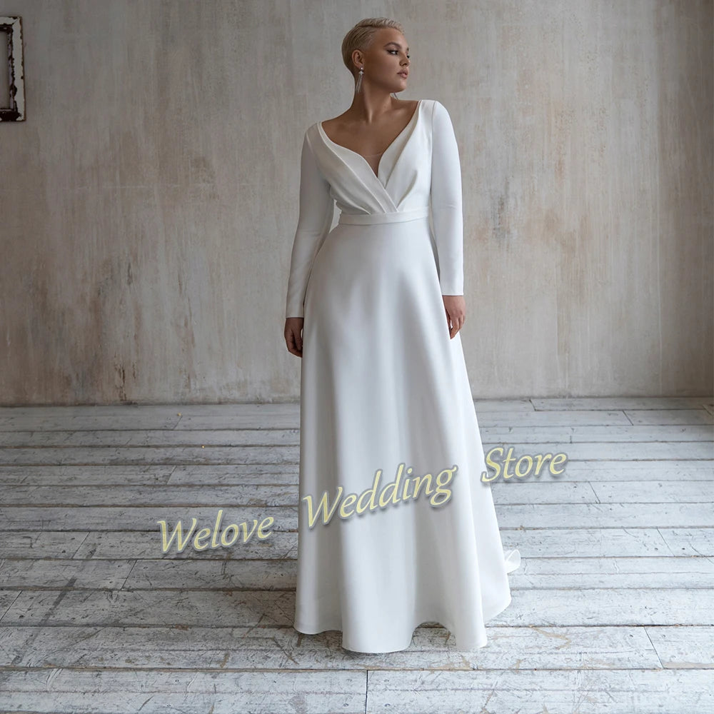 Babs Plus Size Wedding Dress For Woman Long Sleeve 2024 Pleat Simple White Bridal Gown V Neck Custom A Line