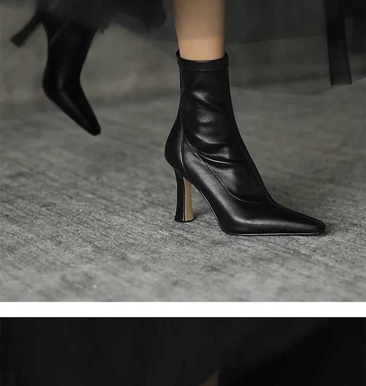 Babs High Heels Dress Shoes Pointed Toe Bare Boots Black Booties Thin Heeled Fashion Ankle Boots Retro Ladies Shoes Botas