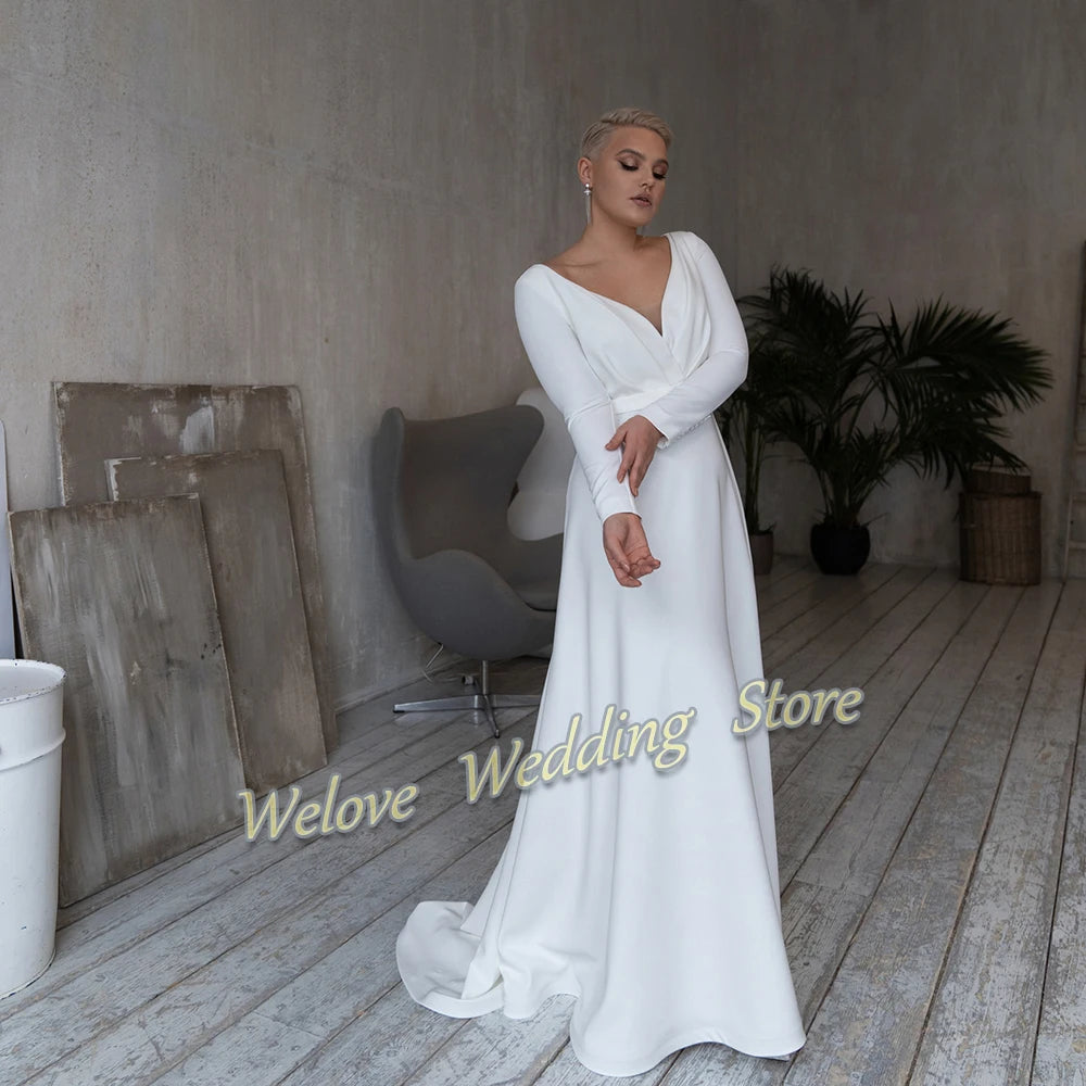 Babs Plus Size Wedding Dress For Woman Long Sleeve 2024 Pleat Simple White Bridal Gown V Neck Custom A Line