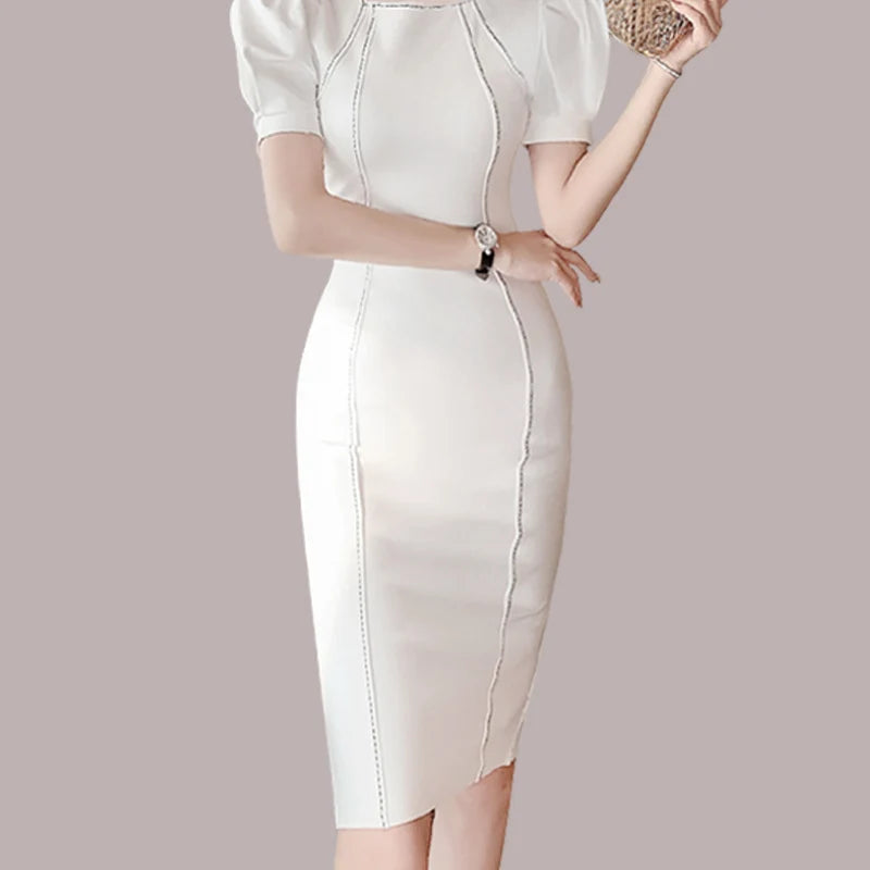 Maxy High Quality Summer Office OL Bandage Dress 2024 Elegant Women Short Puff Sleeve Square Collar White Bodycon Pencil Dress