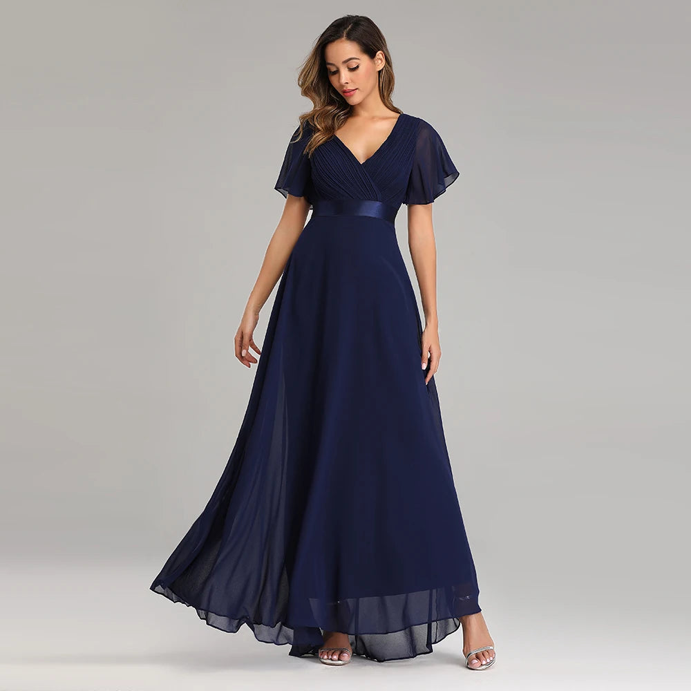 Maxy Evening Dresses XUCTHHC Elegant V-Neck Ruffles Chiffon Formal Evening Gown Robe Dress for Wedding Party