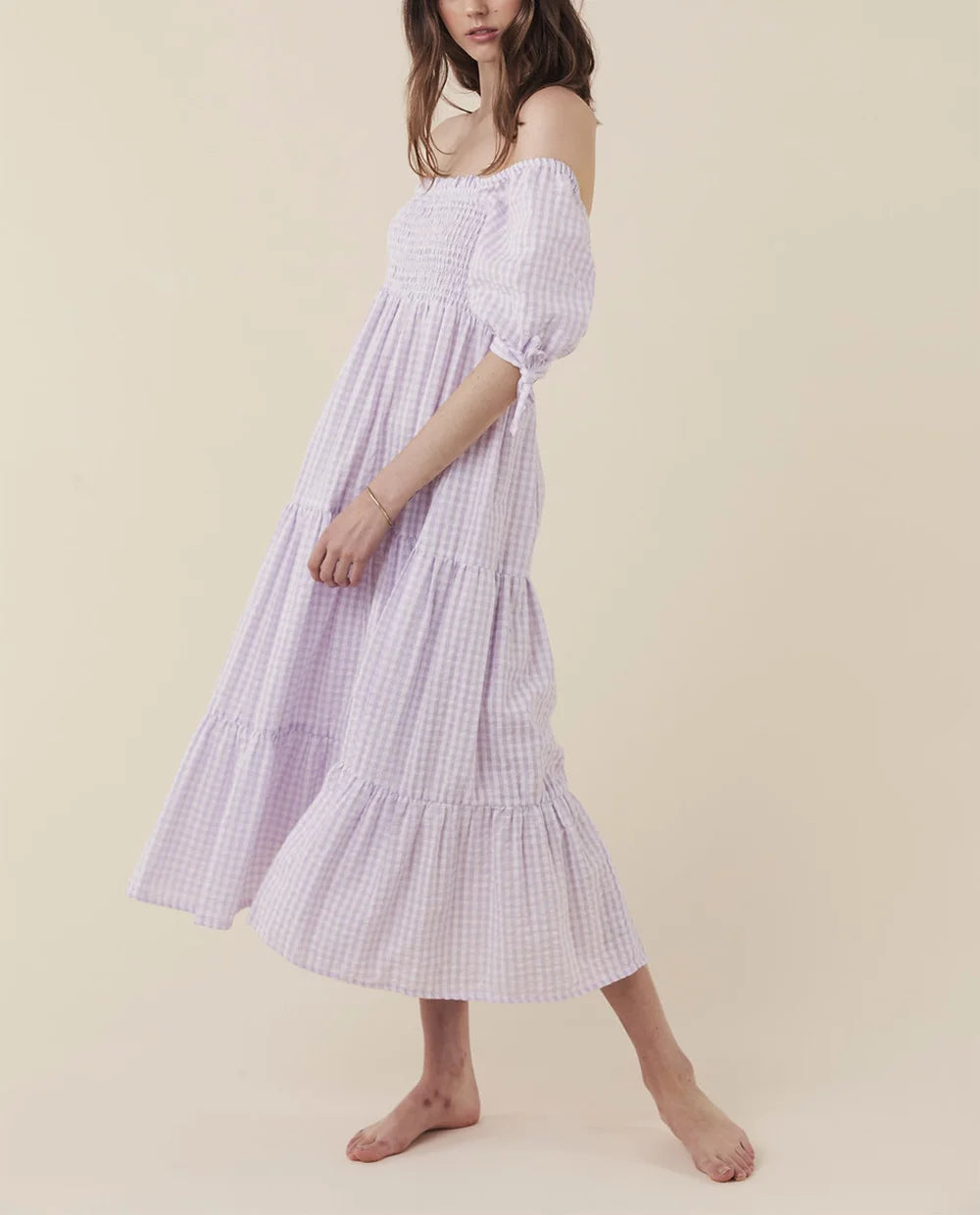 Summer Dresses For Women Short Sleeve Tie Tiered Vacation Beach Midi Dress Frill Square Neck Smocked Casual Cotton Gingham Dress