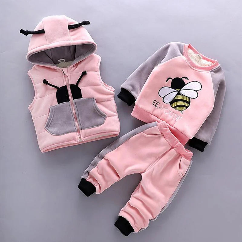 Babs Winter 3pcs Kids Thickening Hooded Vest Sweater Pant Sport Suits Baby Boys And Girls Warm Cartoon Outfit Children Clothing