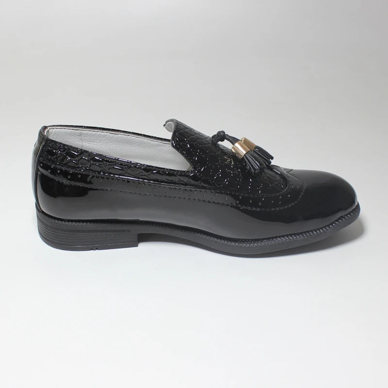 Visco Boys Leather Shoes Kids Formal Shoes For Party Wedding Dress Black Patent Leather Slip on Round Toes Tassel Performance Oxfords