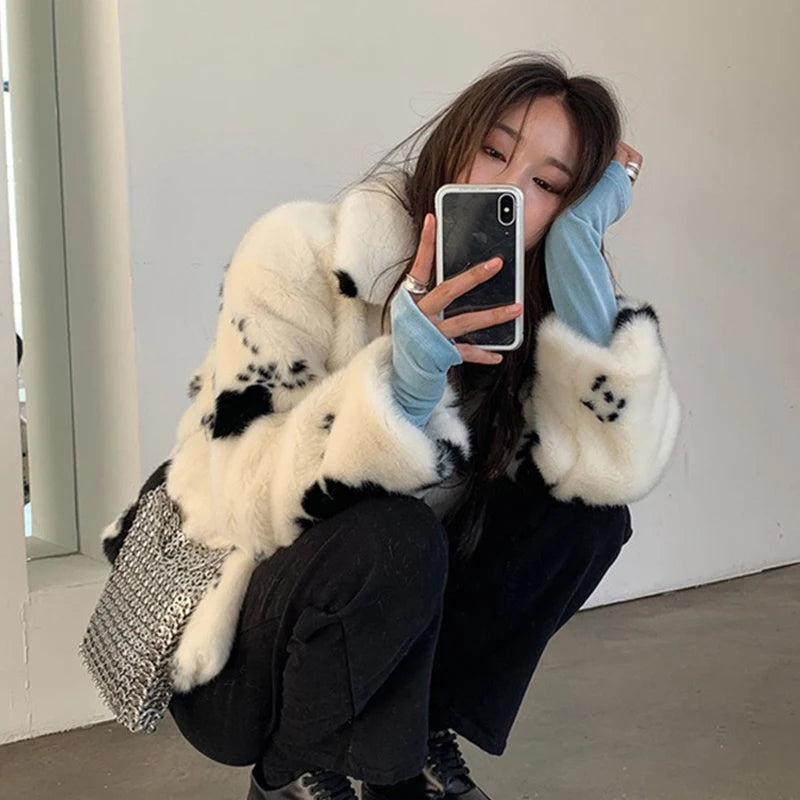 Gaxy Cow Pattern Faux Fur Jacket Women Korean Fashion Turn-Down Collar Warm Parkas Woman Soft Thick Winter Fluffy Coat Female