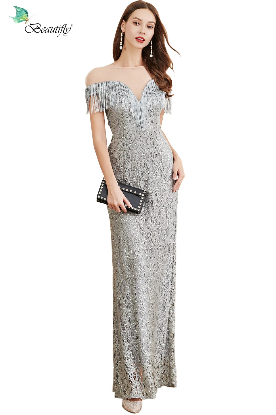 Macy New Elegant Lace Black Blue & Silver Gray Fashion Blue Tassels Dress Prom Party Women's Long-Length Evening Dresses