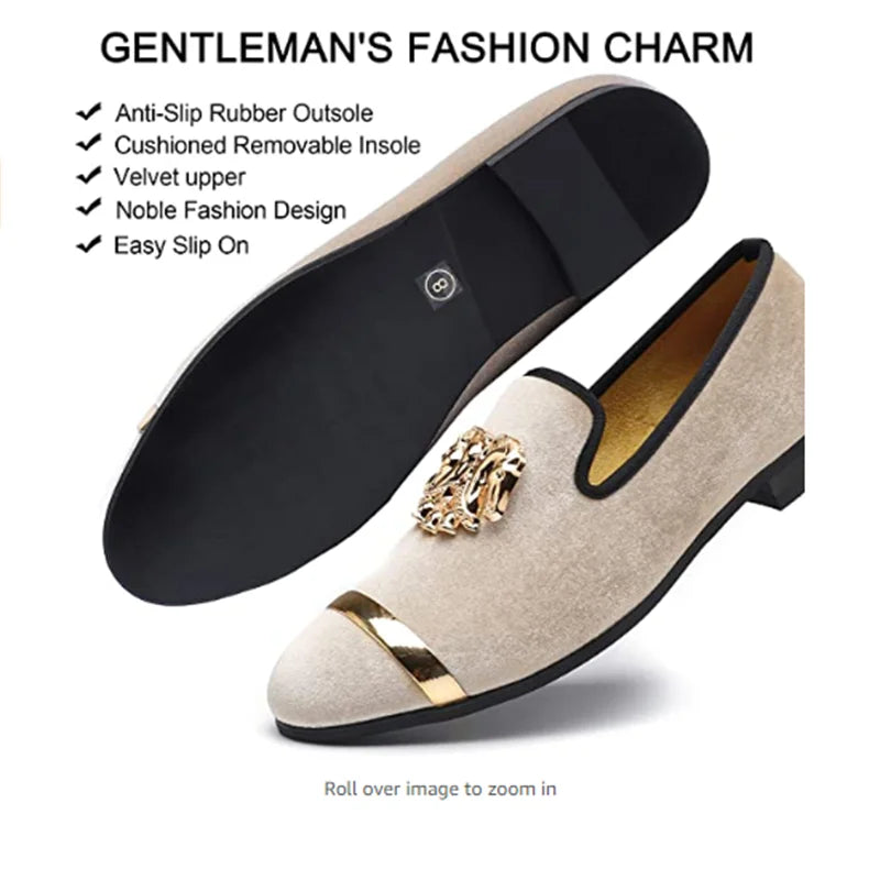 Visco Men Party Dinner Formal Shoes Fashion Gentleman Wedding Dress Shoes for Men Casual Shoes Beige Velvet Loafers