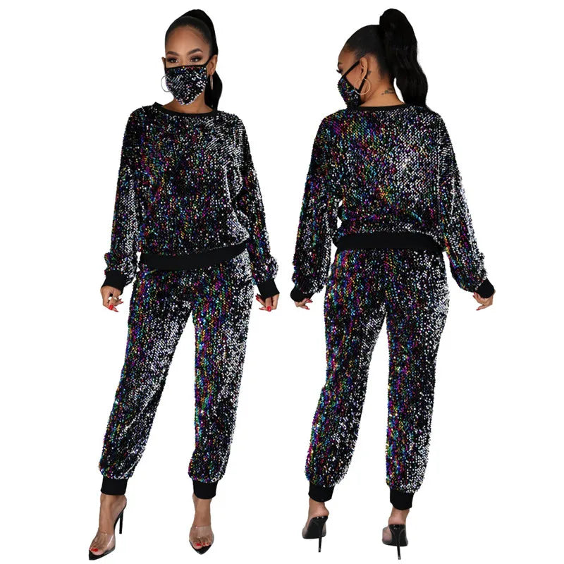 Maxy Winter Plus Size S-5XL Clothing For Women Two Piece Set Sequins Birthday Outfit Joggers Tracksuit