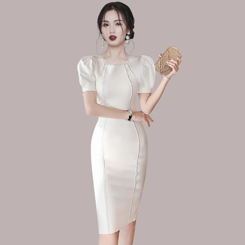 Maxy High Quality Summer Office OL Bandage Dress 2024 Elegant Women Short Puff Sleeve Square Collar White Bodycon Pencil Dress