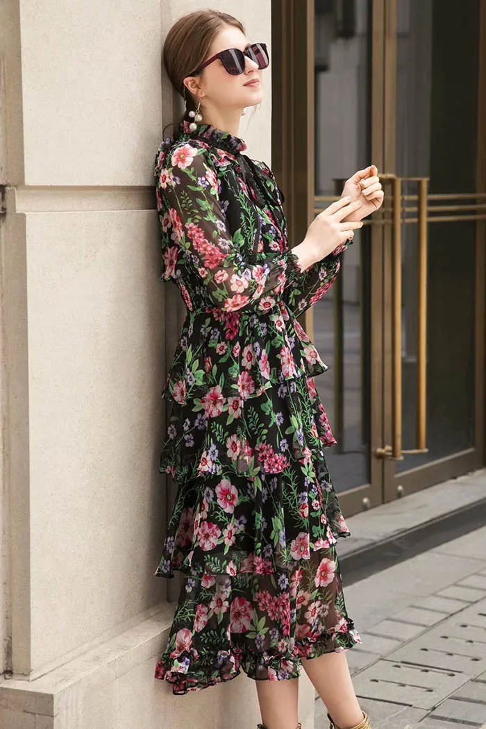 Babs Spring Summer Elegant Silk Dresses for Women Long Sleeve Floral Dress Korean Fashion Clothes Vestidos Pph4204