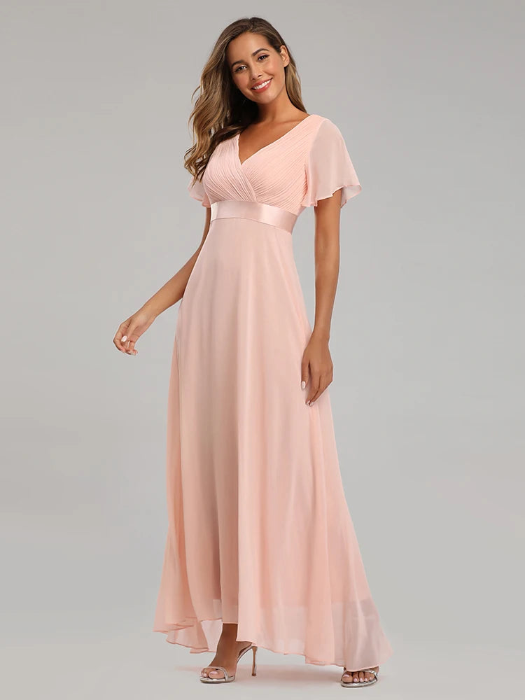 Maxy Evening Dresses XUCTHHC Elegant V-Neck Ruffles Chiffon Formal Evening Gown Robe Dress for Wedding Party