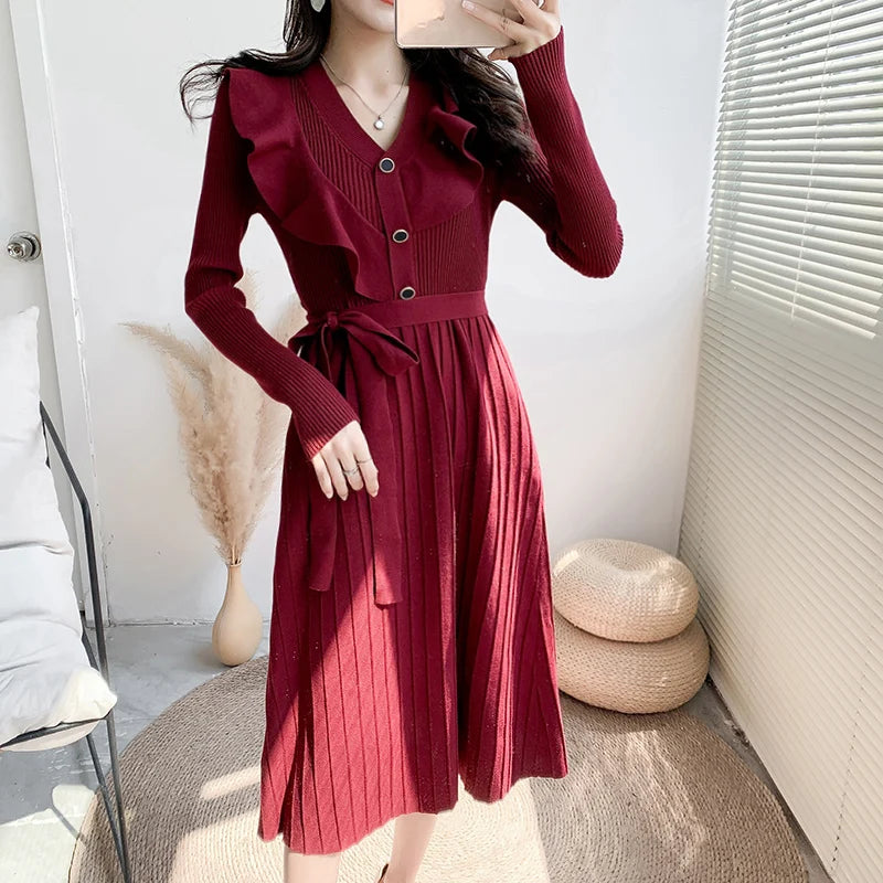 Gacy Women Sweater Dress Winter V-Neck Long Knit Long Sleeves Elastic Pleated Knitted Warm Vestidos