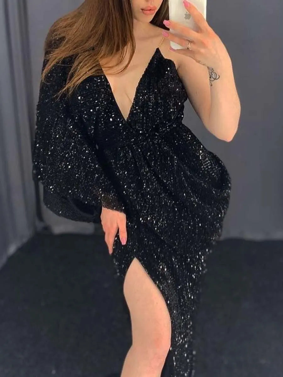 Maxy  new Sexy shiny sequins Gracy sleeve Backless long sleeve party Dress Women Evening Dress