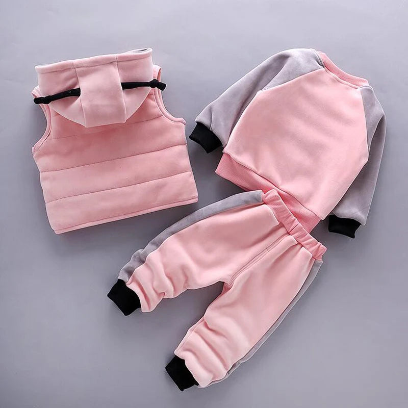 Babs Winter 3pcs Kids Thickening Hooded Vest Sweater Pant Sport Suits Baby Boys And Girls Warm Cartoon Outfit Children Clothing