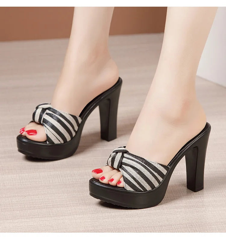 Big Size Gacy 32-43 Open Head Bow Stripe Slides Women Shoes Sumer 2024 High Heels Slippers Ladies Office Beach Slippers