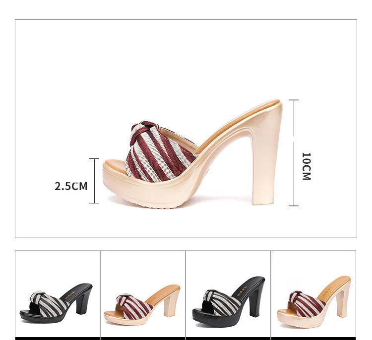 Big Size Gacy 32-43 Open Head Bow Stripe Slides Women Shoes Sumer 2024 High Heels Slippers Ladies Office Beach Slippers