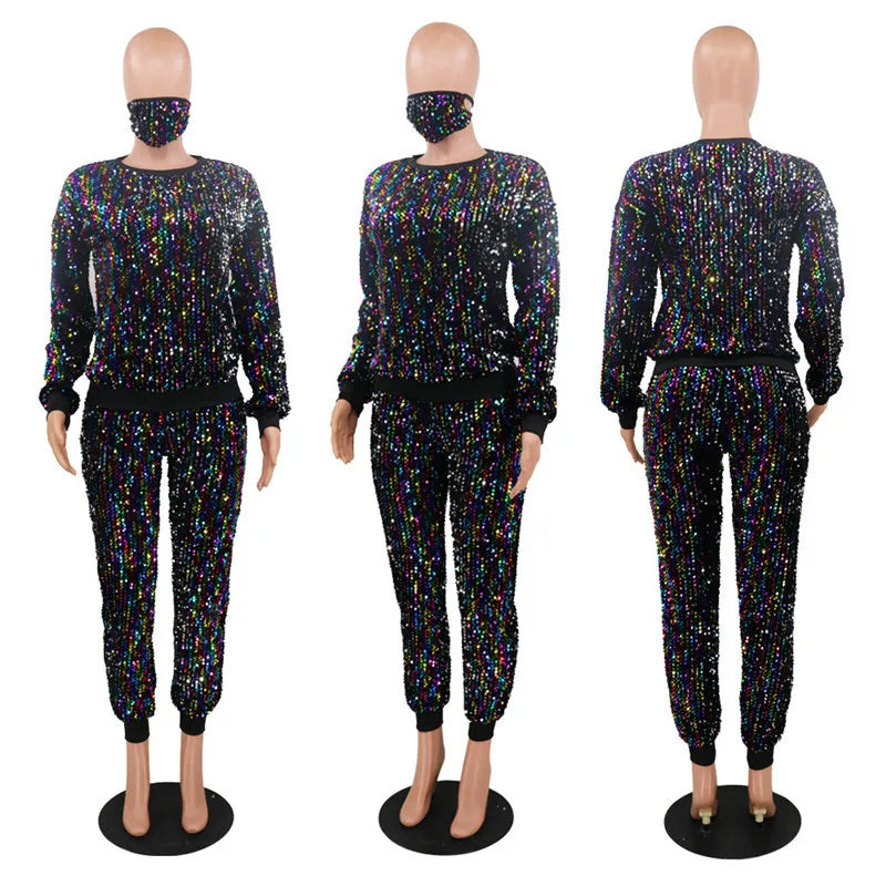 Maxy Winter Plus Size S-5XL Clothing For Women Two Piece Set Sequins Birthday Outfit Joggers Tracksuit