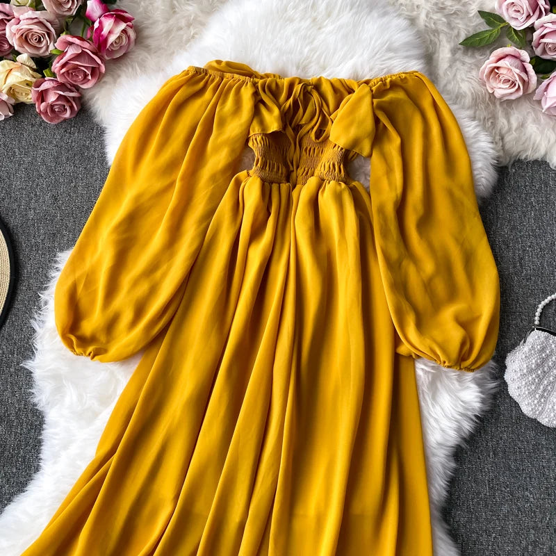 Babs Women Slash Neck Long Sleeve Midi Dress Female Yellow/Red/Pink High Waist Ruffle Big Swing Chiffon Robe Fashion New