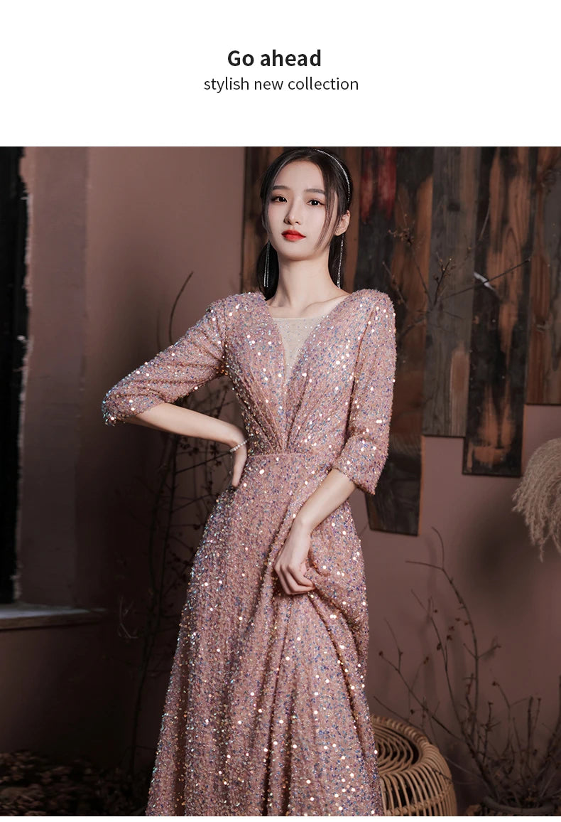 Babs Long Evening Dress Elegant Robe De Soiree Zipper Women Party Dresses Plus Size V Neck Sequin Formal Gowns FD283