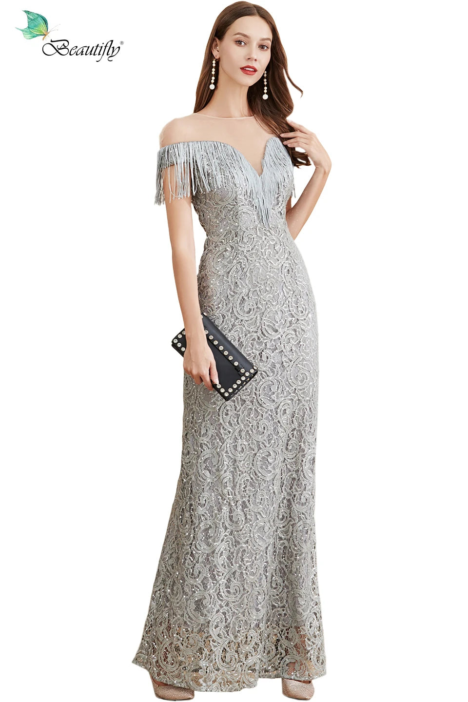 Macy New Elegant Lace Black Blue & Silver Gray Fashion Blue Tassels Dress Prom Party Women's Long-Length Evening Dresses