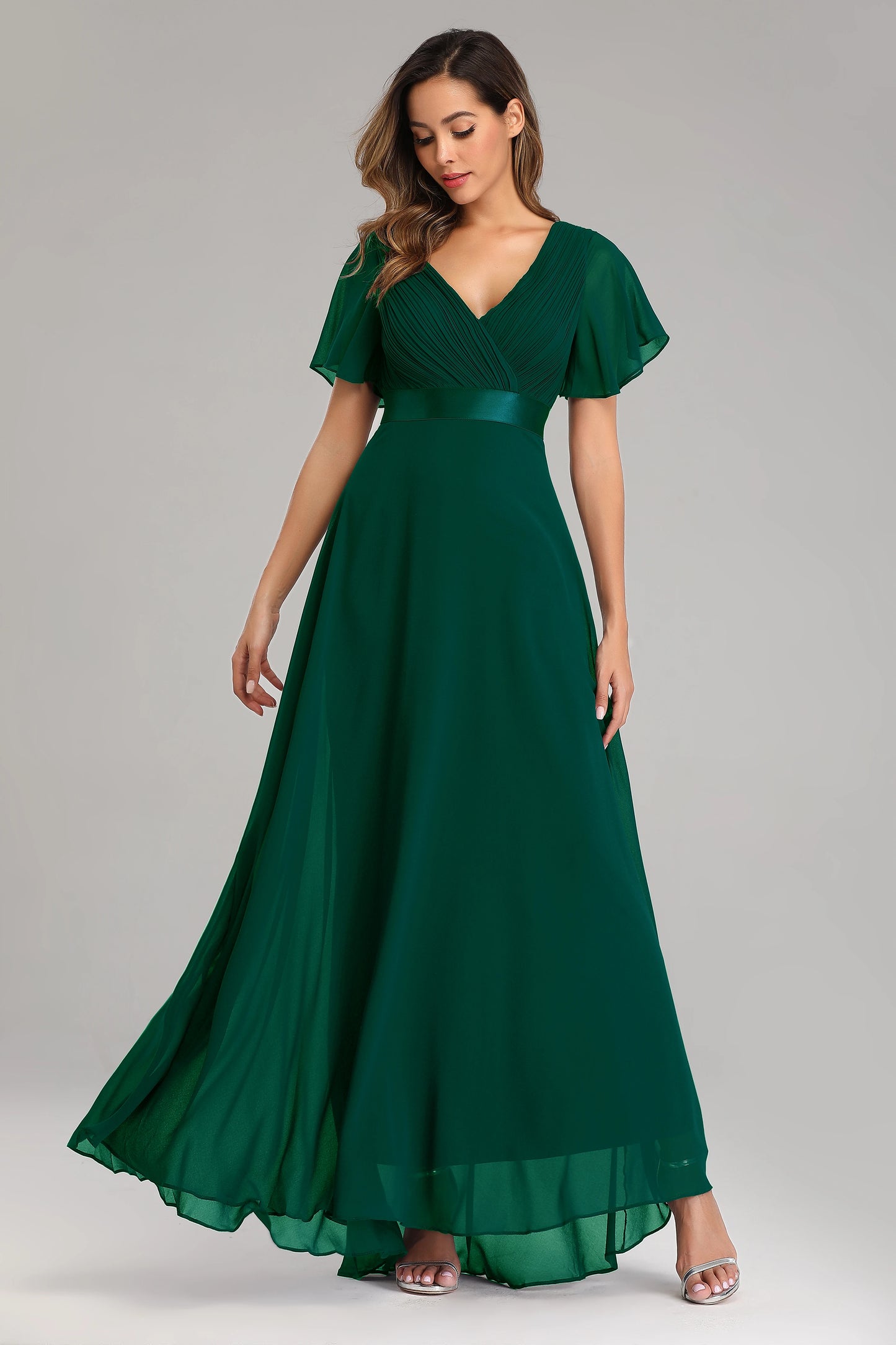 Maxy Evening Dresses XUCTHHC Elegant V-Neck Ruffles Chiffon Formal Evening Gown Robe Dress for Wedding Party