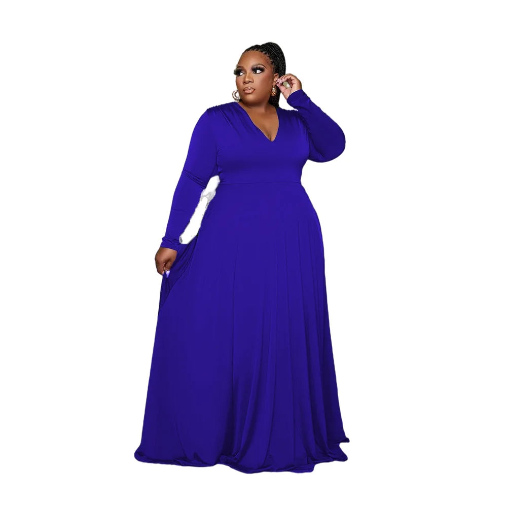 Maxy Plus Size Party Dresses Women Clothing 2024 V Neck Long Sleeve Solid Loose Elegant Maxy Dresses