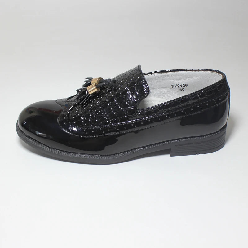 Visco Boys Leather Shoes Kids Formal Shoes for Party Wedding Dress Black Patent Leather Slip on Round Toes Tassel Performance Oxfords