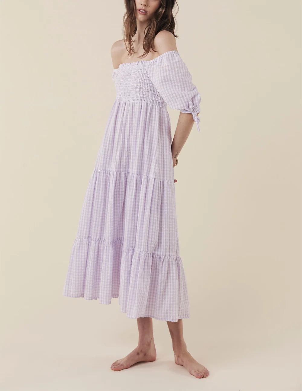 Summer Dresses For Women Short Sleeve Tie Tiered Vacation Beach Midi Dress Frill Square Neck Smocked Casual Cotton Gingham Dress