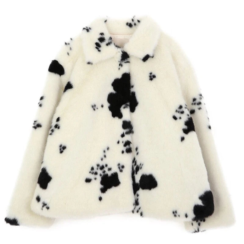 Gaxy Cow Pattern Faux Fur Jacket Women Korean Fashion Turn-Down Collar Warm Parkas Woman Soft Thick Winter Fluffy Coat Female