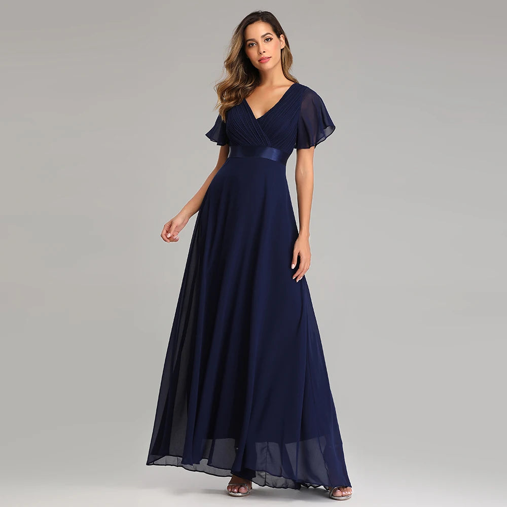 Maxy Evening Dresses XUCTHHC Elegant V-Neck Ruffles Chiffon Formal Evening Gown Robe Dress for Wedding Party
