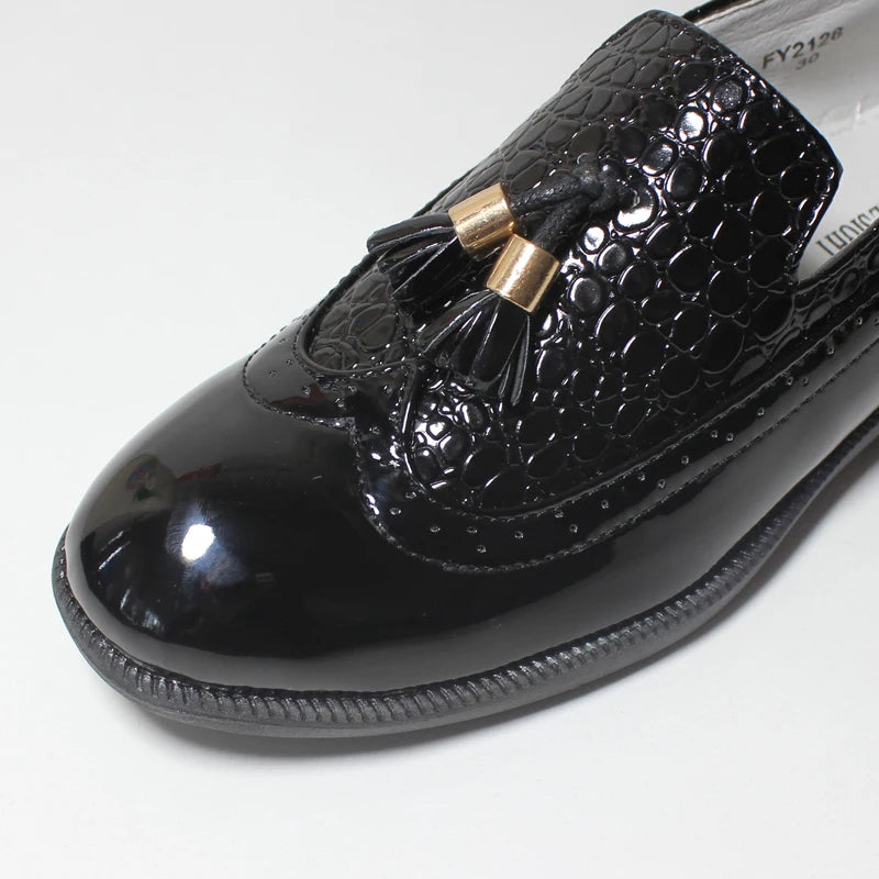 Visco Boys Leather Shoes Kids Formal Shoes for Party Wedding Dress Black Patent Leather Slip on Round Toes Tassel Performance Oxfords