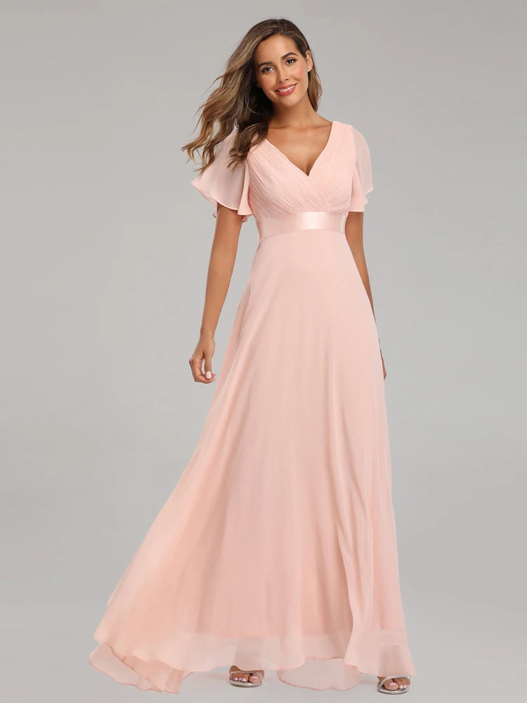 Maxy Evening Dresses XUCTHHC Elegant V-Neck Ruffles Chiffon Formal Evening Gown Robe Dress for Wedding Party