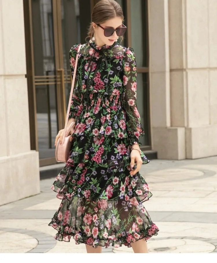 Babs Spring Summer Elegant Silk Dresses for Women Long Sleeve Floral Dress Korean Fashion Clothes Vestidos Pph4204