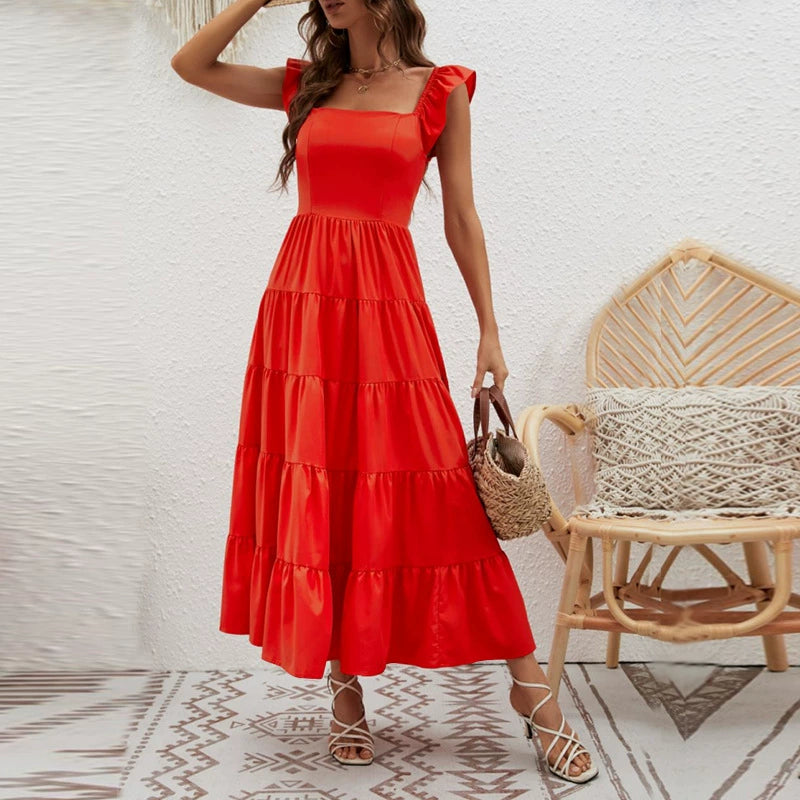 Collarless Short Babs Sleeved Waistband Dress Collarless Short Sleeve Waist-Controlled Long Dress