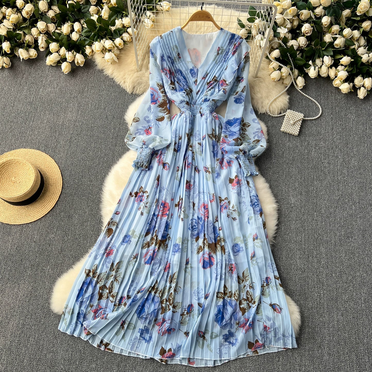 Macy French Style Retro Dress Women's Niche Style Lightly Mature Floral Chiffon Fairy Dress Tight Waist Slim Looking Elegant Pleated Long Dress